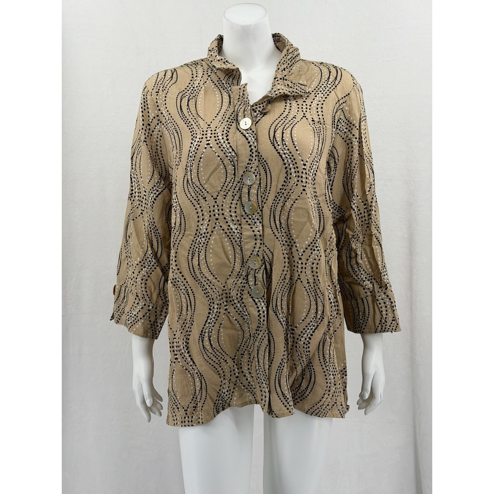 Ali Miles Top Womens 1X Tan Abstract Button Up Boho Casual Artsy Lagenlook Flowy